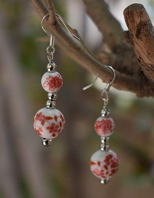 Two Bead Blue Pottery Earrings (Red &White)